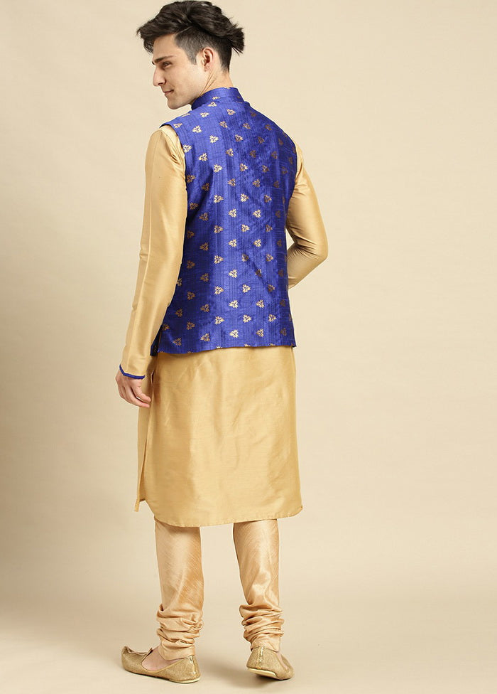 3 Pc Beige Silk Printed Kurta Pajama Set VDSAN210182 - Indian Silk House Agencies
