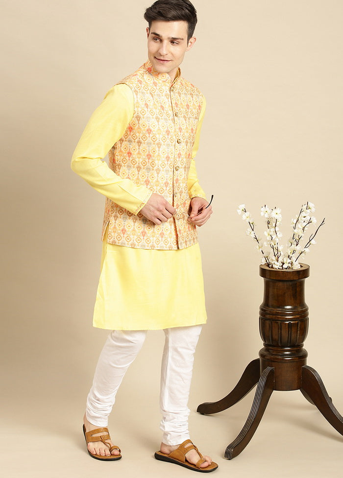 2 Pc Yellow Cotton Printed Kurta Jacket Set - Indian Silk House Agencies