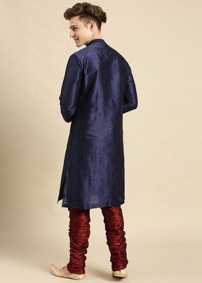 2 Pc Deep Blue Silk Solid Kurta Pajama Set VDSAN210152 - Indian Silk House Agencies