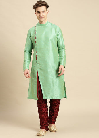 2 Pc Green Silk Solid Kurta Pajama Set VDSAN210154