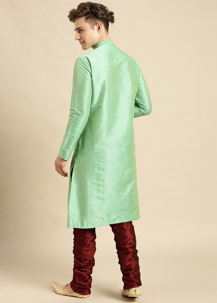 2 Pc Green Silk Solid Kurta Pajama Set VDSAN210154 - Indian Silk House Agencies