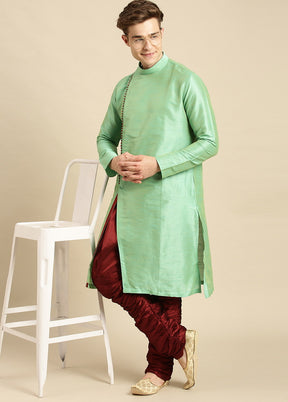 2 Pc Green Silk Solid Kurta Pajama Set VDSAN210154 - Indian Silk House Agencies