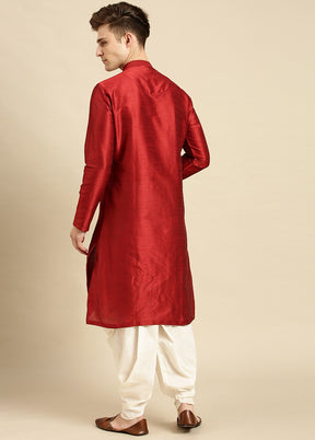 2 Pc Red Silk Solid Kurta Pajama Set VDSAN210167 - Indian Silk House Agencies