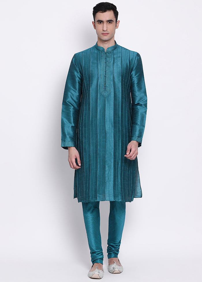 2 Pc Sea Green Woven Silk Kurta Pajama Set VDSAN040512 - Indian Silk House Agencies
