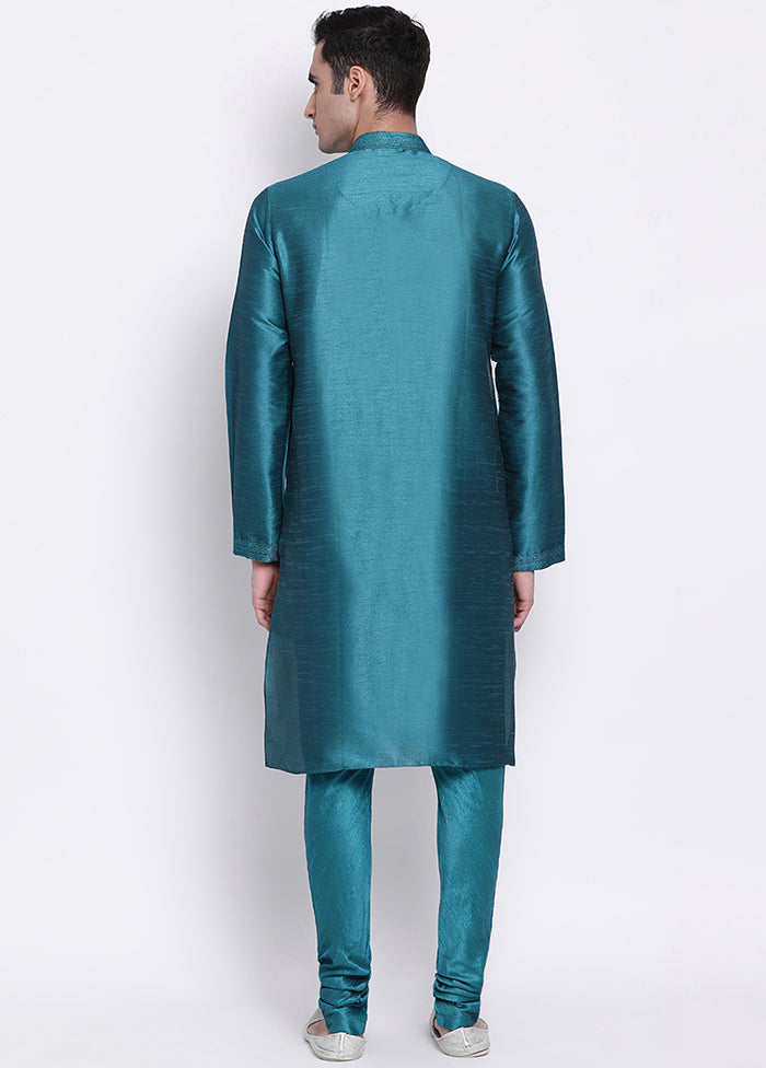 2 Pc Sea Green Woven Silk Kurta Pajama Set VDSAN040512 - Indian Silk House Agencies