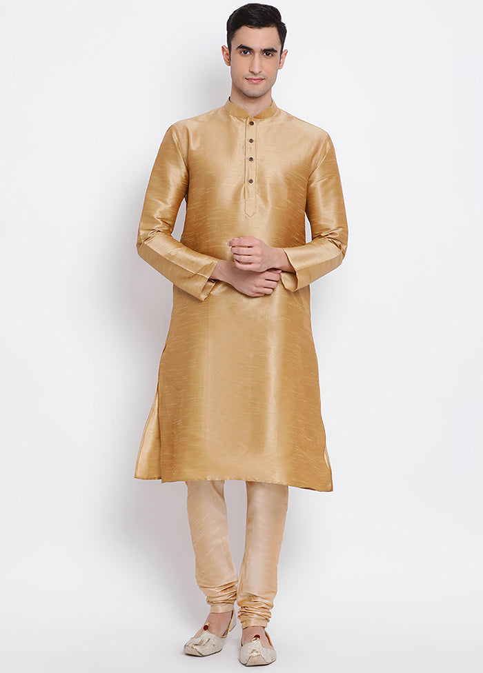 2 Pc Golden Solid Silk Kurta Pajama Set VDSAN040535 - Indian Silk House Agencies