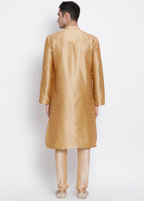 2 Pc Golden Solid Silk Kurta Pajama Set VDSAN040535 - Indian Silk House Agencies