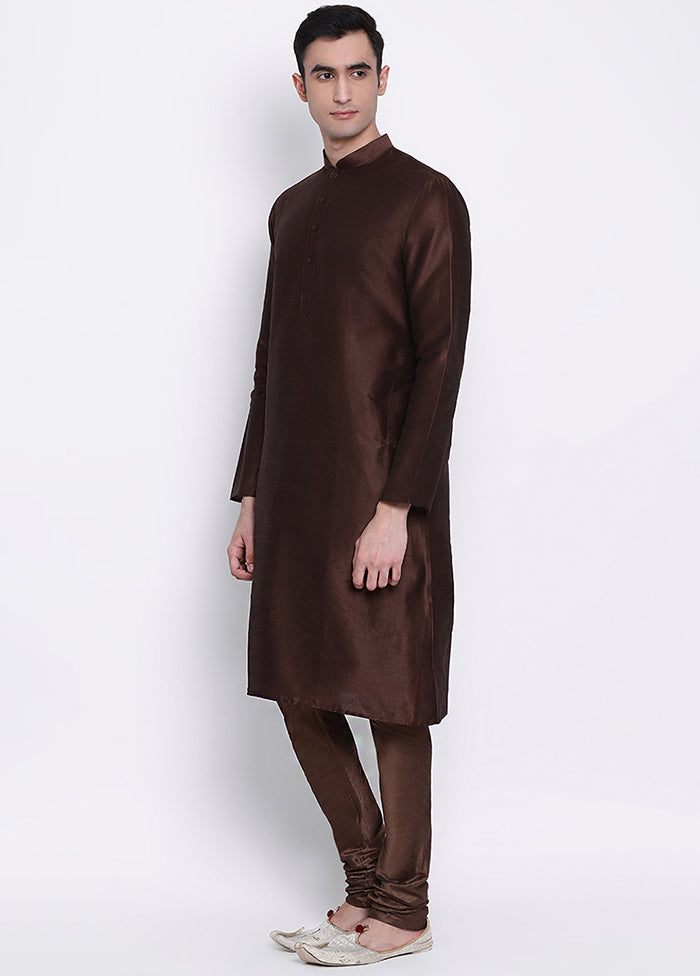2 Pc Brown Solid Silk Kurta Pajama Set VDSAN040536 - Indian Silk House Agencies