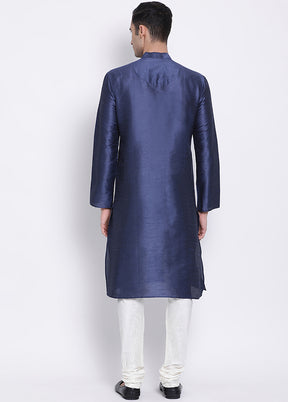 2 Pc Blue Solid Silk Kurta Pajama Set VDSAN040537 - Indian Silk House Agencies