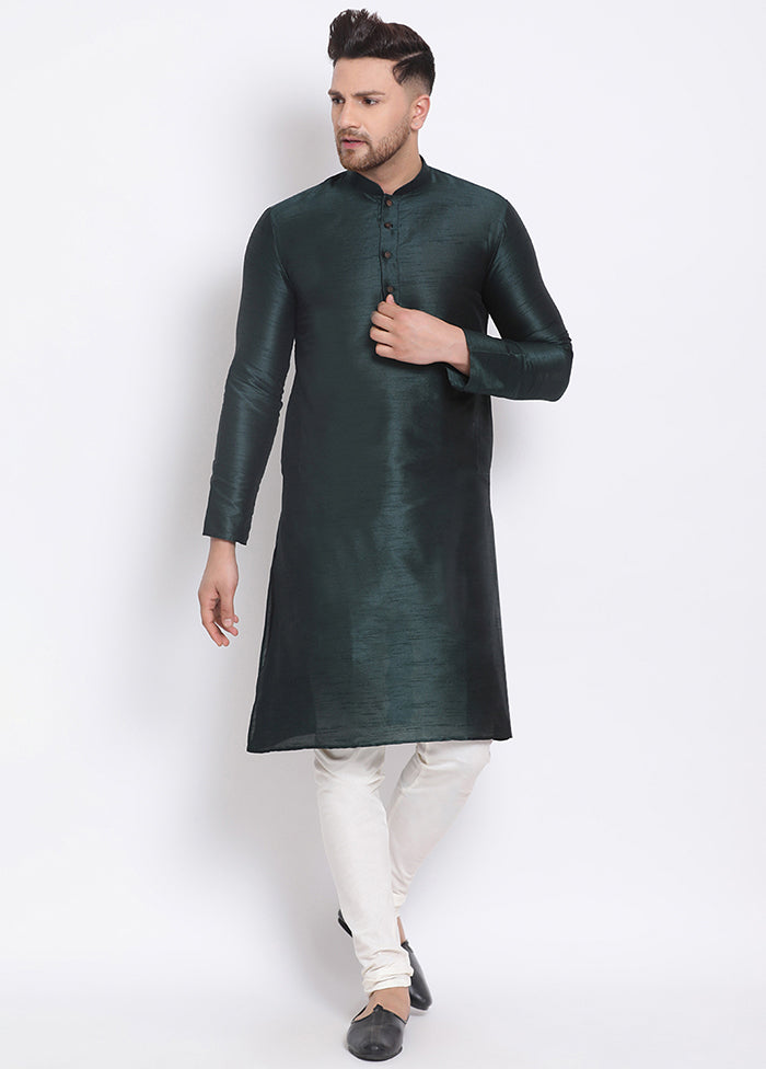 2 Pc Dark Green Solid Silk Kurta Pajama Set VDSAN040538 - Indian Silk House Agencies