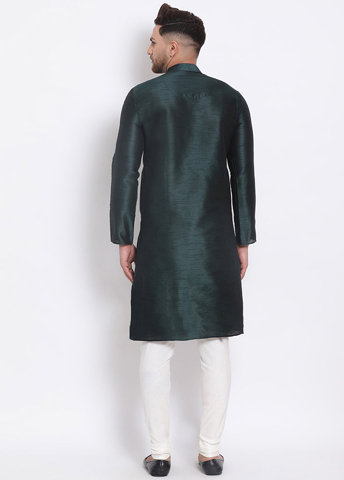 2 Pc Dark Green Solid Silk Kurta Pajama Set VDSAN040538 - Indian Silk House Agencies