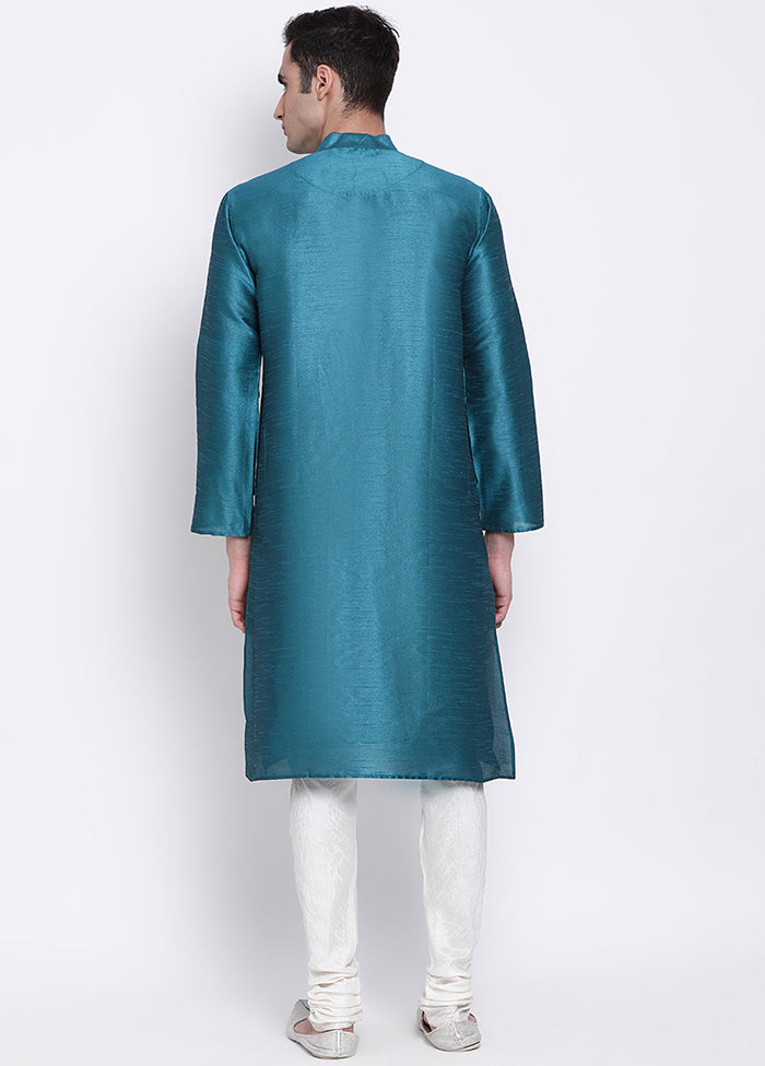 2 Pc Sea Sea Green Solid Silk Kurta Pajama Set VDSAN040540 - Indian Silk House Agencies