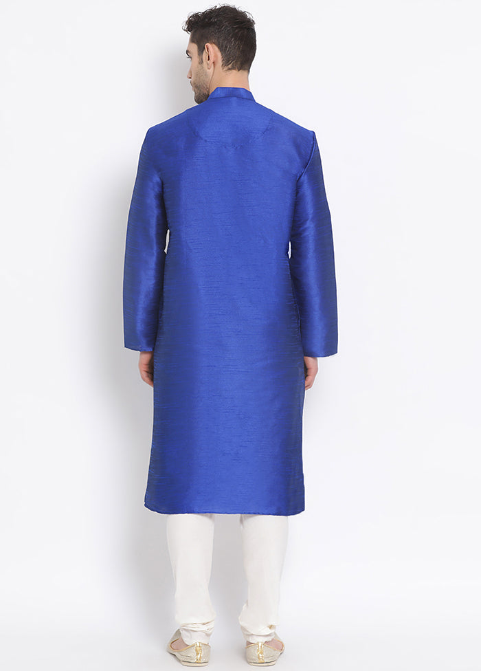 2 Pc Blue Solid Silk Kurta Pajama Set VDSAN040541 - Indian Silk House Agencies