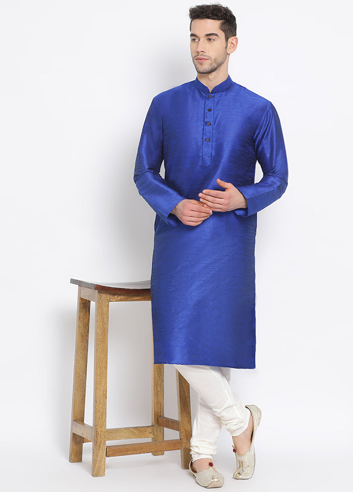 2 Pc Blue Solid Silk Kurta Pajama Set VDSAN040541 - Indian Silk House Agencies