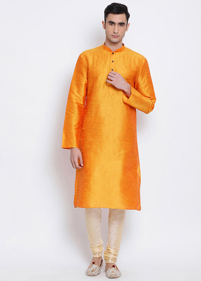 2 Pc Orange Solid Silk Kurta Pajama Set VDSAN040545 - Indian Silk House Agencies
