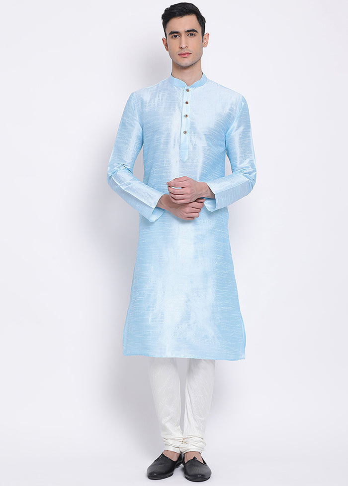 2 Pc Sky Blue Solid Silk Kurta Pajama Set VDSAN040551 - Indian Silk House Agencies