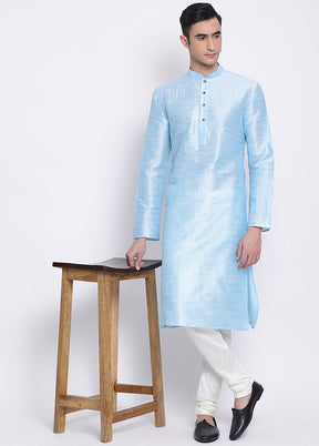 2 Pc Sky Blue Solid Silk Kurta Pajama Set VDSAN040551 - Indian Silk House Agencies