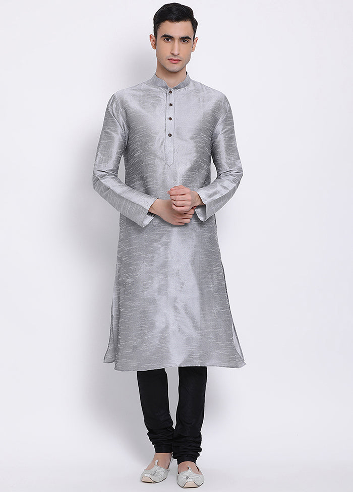2 Pc Grey Solid Silk Kurta Pajama Set VDSAN040552