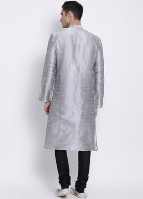 2 Pc Grey Solid Silk Kurta Pajama Set VDSAN040552 - Indian Silk House Agencies