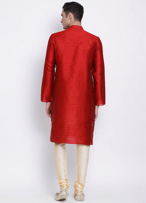 2 Pc Red Woven Silk Kurta Pajama Set VDSAN040557 - Indian Silk House Agencies
