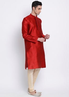 2 Pc Red Woven Silk Kurta Pajama Set VDSAN040557 - Indian Silk House Agencies