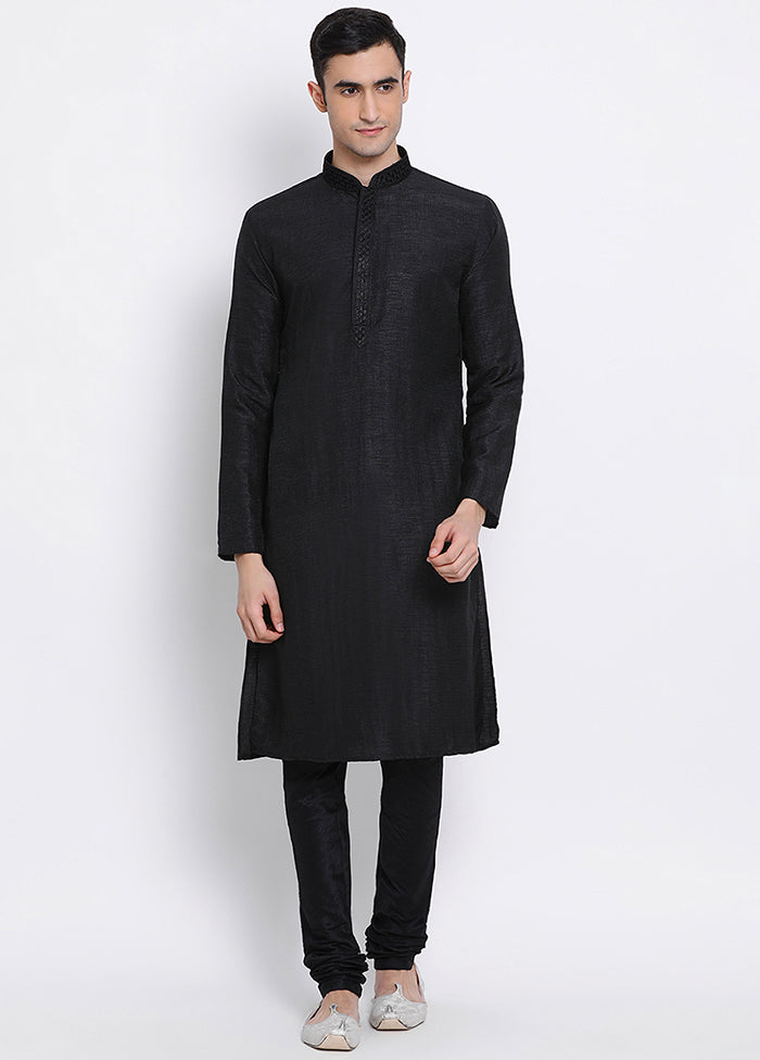 2 Pc Black Solid Silk Kurta Pajama Set VDSAN040572 - Indian Silk House Agencies