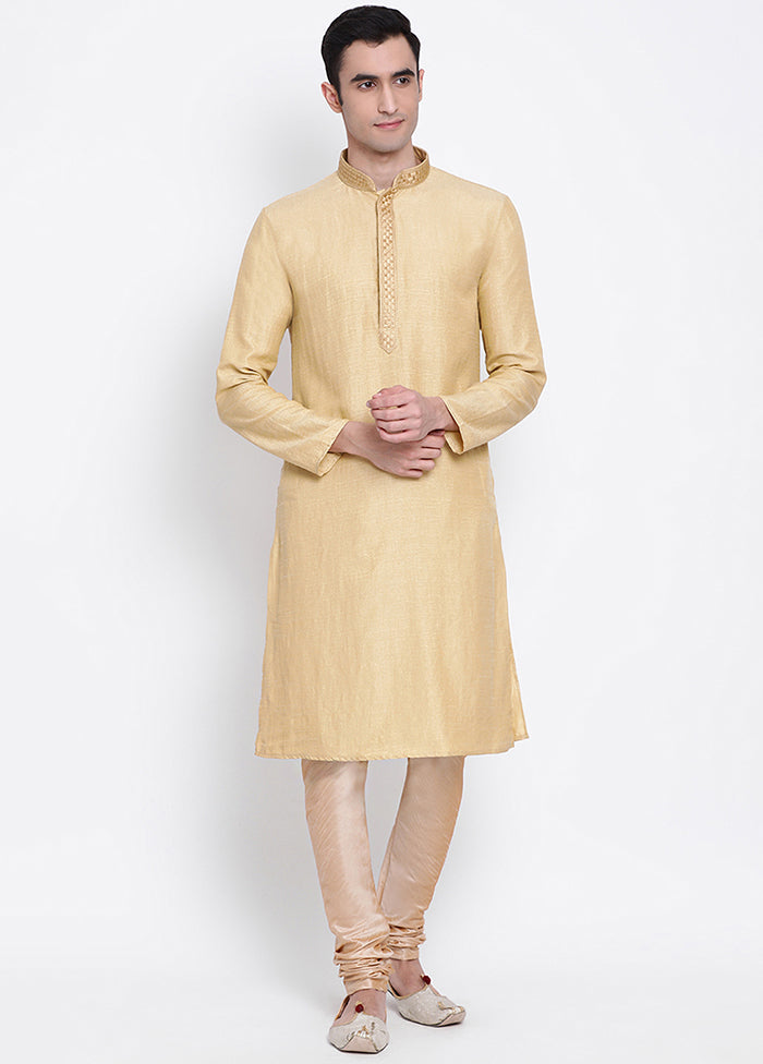 2 Pc Beige Solid Silk Kurta Pajama Set VDSAN040573 - Indian Silk House Agencies