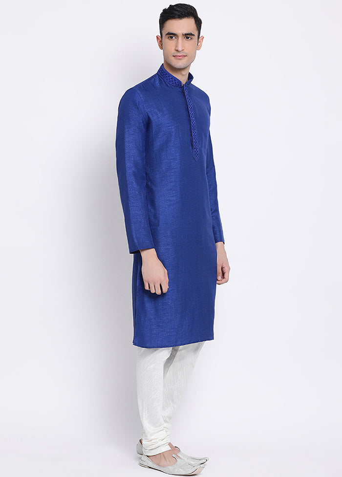 2 Pc Blue Solid Silk Kurta Pajama Set VDSAN040575 - Indian Silk House Agencies