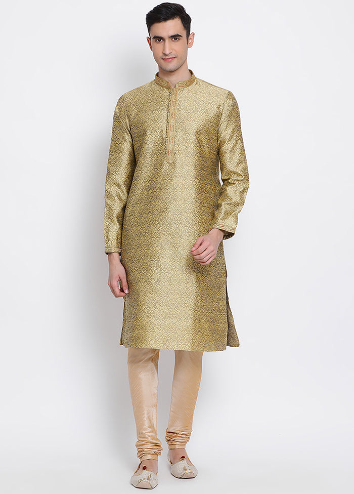 2 Pc Beige Solid Silk Kurta Pajama Set - Indian Silk House Agencies