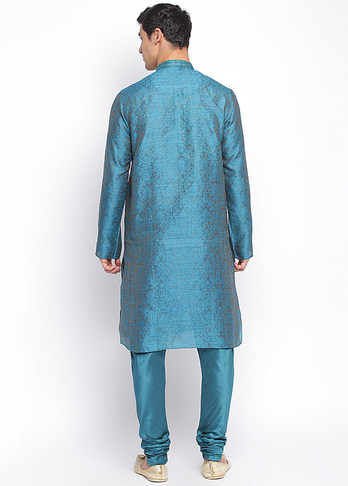 2 Pc Firozi Woven Silk Kurta Pajama Set VDSAN040639 - Indian Silk House Agencies