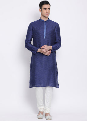 2 Pc Blue Woven Silk Kurta Pajama Set - Indian Silk House Agencies