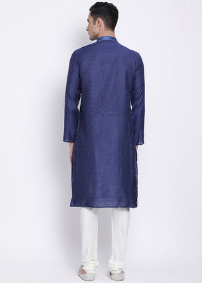 2 Pc Blue Woven Silk Kurta Pajama Set - Indian Silk House Agencies