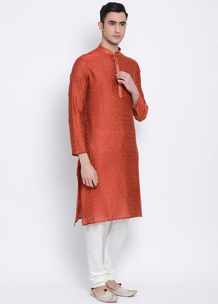 2 Pc Rust Woven Silk Kurta Pajama Set VDSAN040601 - Indian Silk House Agencies