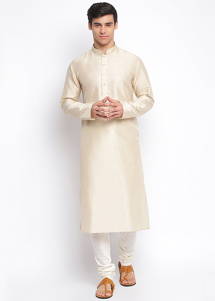 2 Pc Beige Solid Dupion Silk Kurta Pajama Set VDSAN040645 - Indian Silk House Agencies