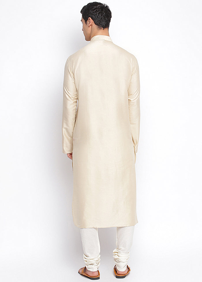 2 Pc Beige Solid Dupion Silk Kurta Pajama Set VDSAN040645 - Indian Silk House Agencies