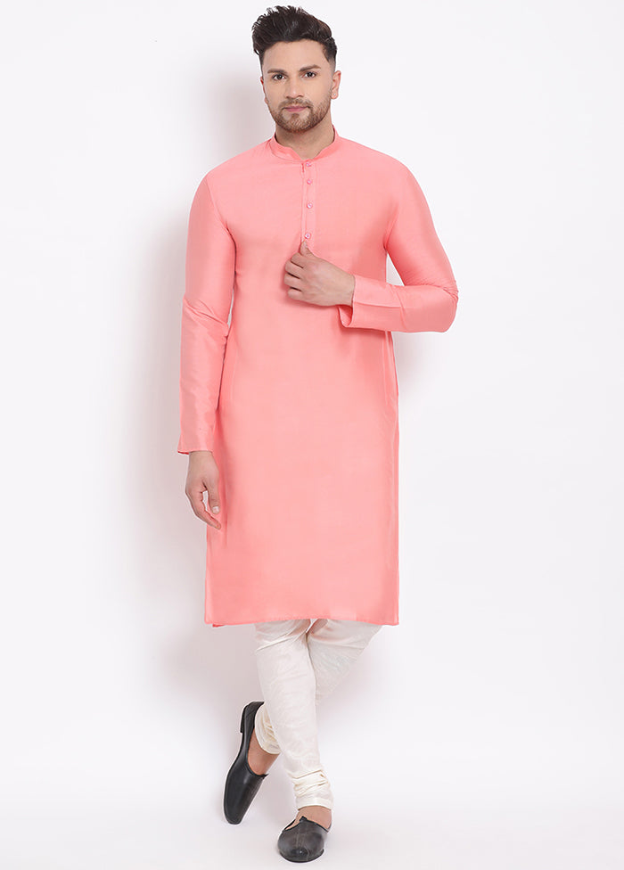 2 Pc Peach Solid Dupion Silk Kurta Pajama Set VDSAN040594 - Indian Silk House Agencies