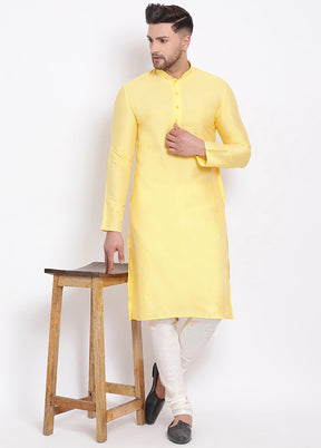 2 Pc Yellow Solid Dupion Silk Kurta Pajama Set VDSAN040595 - Indian Silk House Agencies