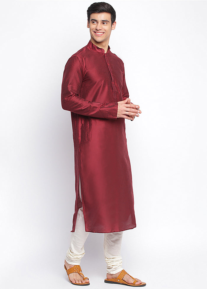 2 Pc Maroon Solid Dupion Silk Kurta Pajama Set - Indian Silk House Agencies