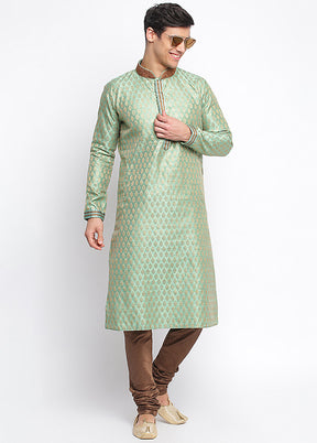 2 Pc Green Woven Silk Kurta Pajama Set VDSAN040658 - Indian Silk House Agencies
