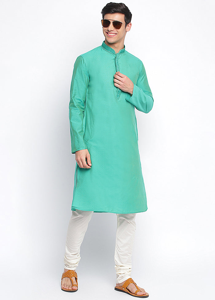 2 Pc Sea Sea Green Solid Silk Kurta Pajama Set VDSAN040661 - Indian Silk House Agencies