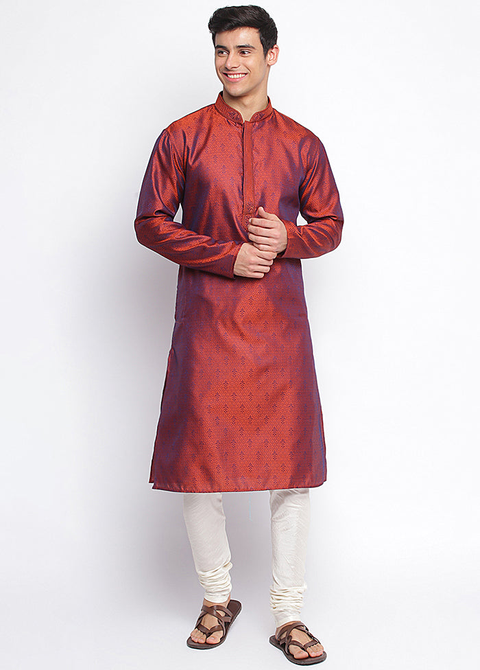 2 Pc Rust Woven Silk Kurta Pajama Set VDSAN040672 - Indian Silk House Agencies