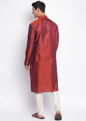 2 Pc Rust Woven Silk Kurta Pajama Set VDSAN040672 - Indian Silk House Agencies