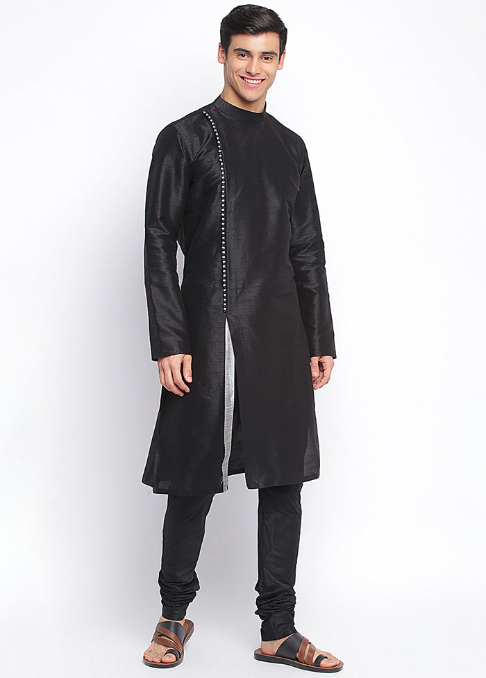 2 Pc Black Solid Silk Kurta Pajama Set VDSAN040675 - Indian Silk House Agencies