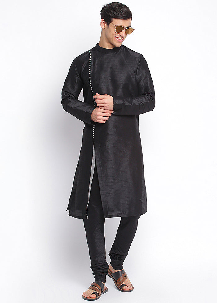 2 Pc Black Solid Silk Kurta Pajama Set VDSAN040675 - Indian Silk House Agencies