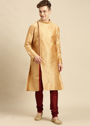 2 Pc Beige Silk Solid Kurta Pajama Set VDSAN210151 - Indian Silk House Agencies