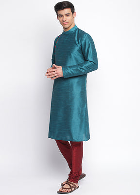 2 Pc Sea Sea Green Solid Silk Kurta Pajama Set VDSAN040678 - Indian Silk House Agencies