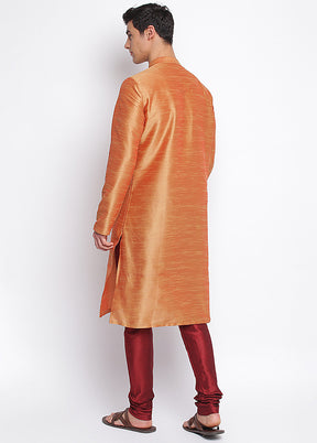 2 Pc Orange Solid Silk Kurta Pajama Set VDSAN040680 - Indian Silk House Agencies