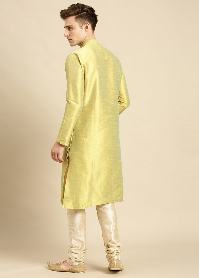 2 Pc Light Yellow Silk Solid Kurta Pajama Set VDSAN210155 - Indian Silk House Agencies