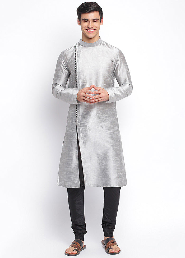 2 Pc Grey Solid Silk Kurta Pajama Set VDSAN040683 - Indian Silk House Agencies