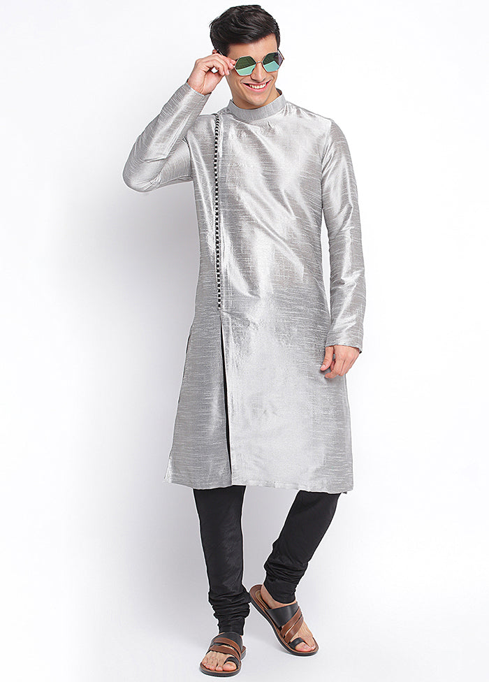 2 Pc Grey Solid Silk Kurta Pajama Set VDSAN040683 - Indian Silk House Agencies